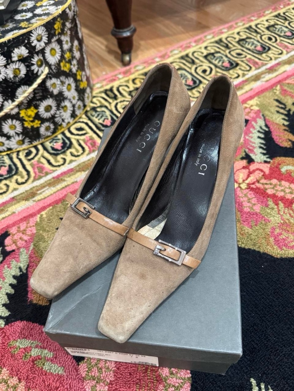 Gucci Taupe Suede Pointed Toe Pumps with Tan Strap